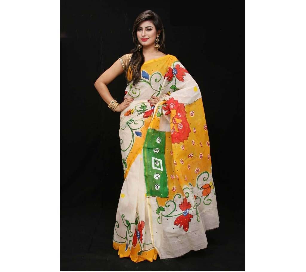 Boishakhi White and Yellow kota Cotton handprinted Sharee