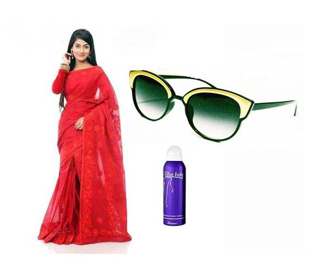 Boishakhi pure moslin silk saree-sunglass-body spary combo offer