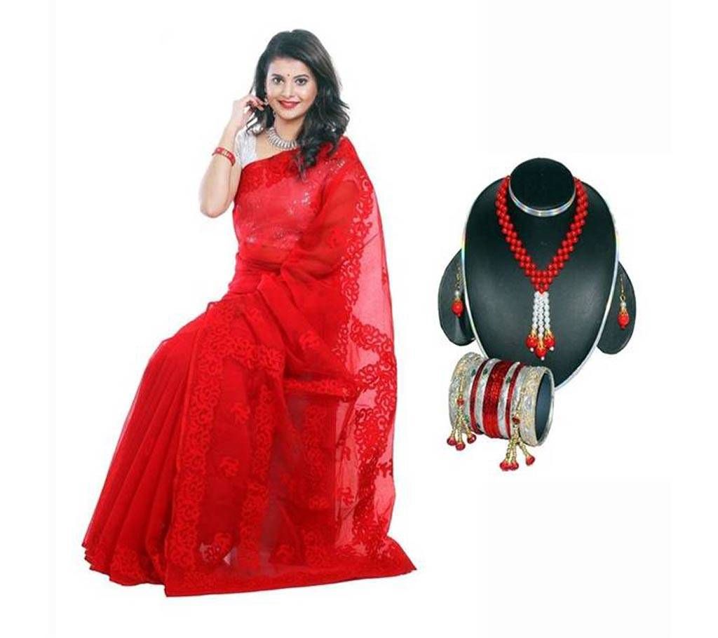 Boishakhi muslin silk saree - jewellery set combo offer