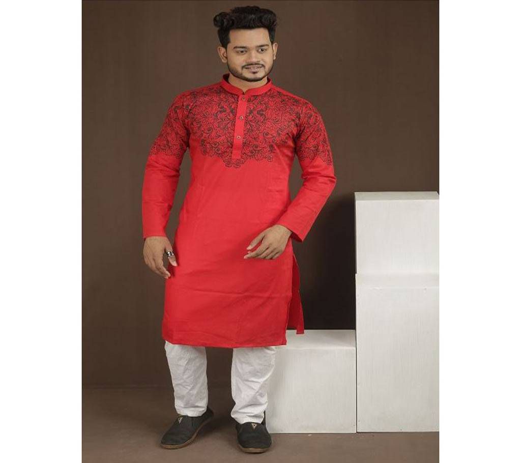 Cotton Panjabi  Red with Big Leaf Design  BK-220316