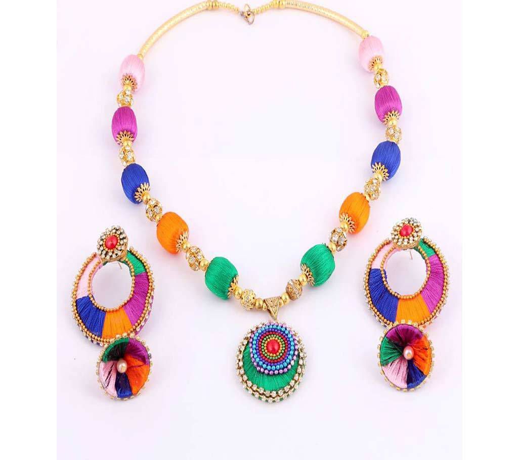 Multi color silk thread necklace with earrings 