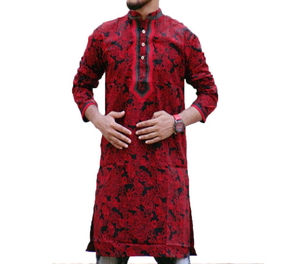 Red and Black Cotton Casual Long Panjabi for Men