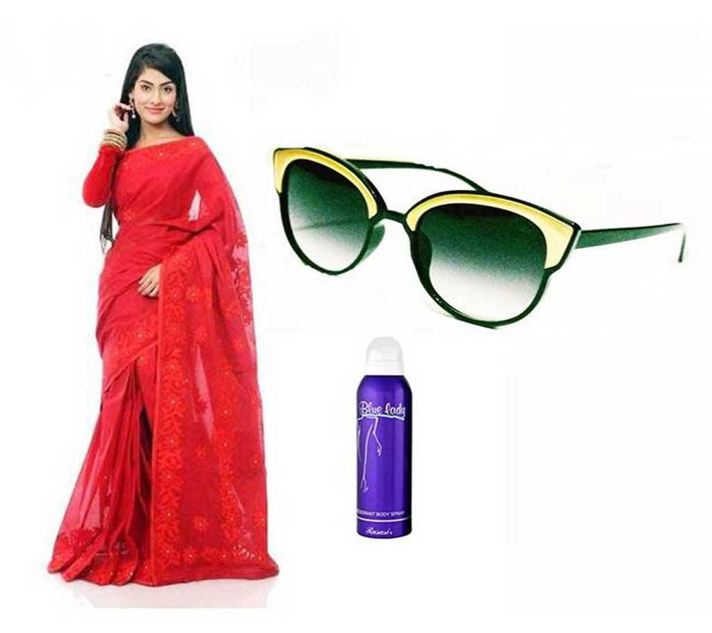 Boishakhi pure moslin silk saree-sunglass-bodysparay Combo Offer