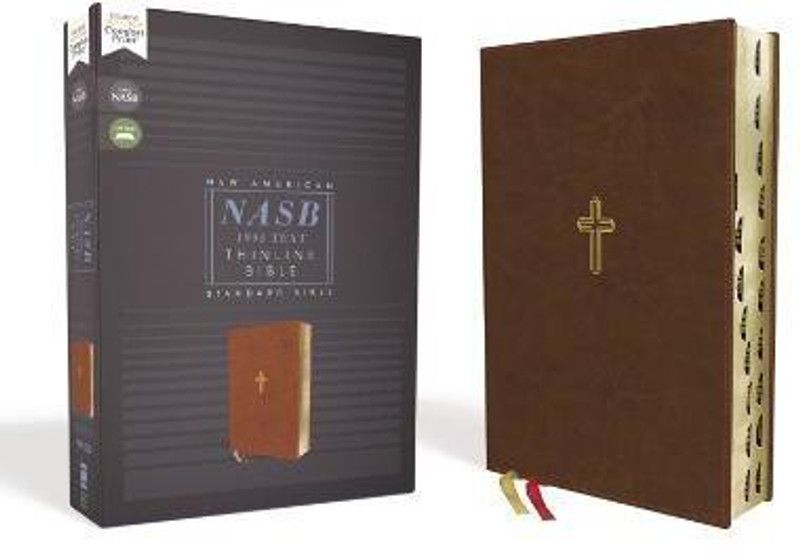 NASB, Thinline Bible, Leathersoft, Brown, Red Letter, 1995 Text, Thumb Indexed, Comfort Print  (English, Leather / fine binding, Zondervan)
