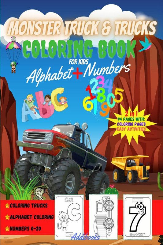 Monster Truck &amp; Trucks Coloring Book for Kids | Alphabet + Numbers | Easy Activities  (English, Paperback, Addibooks)