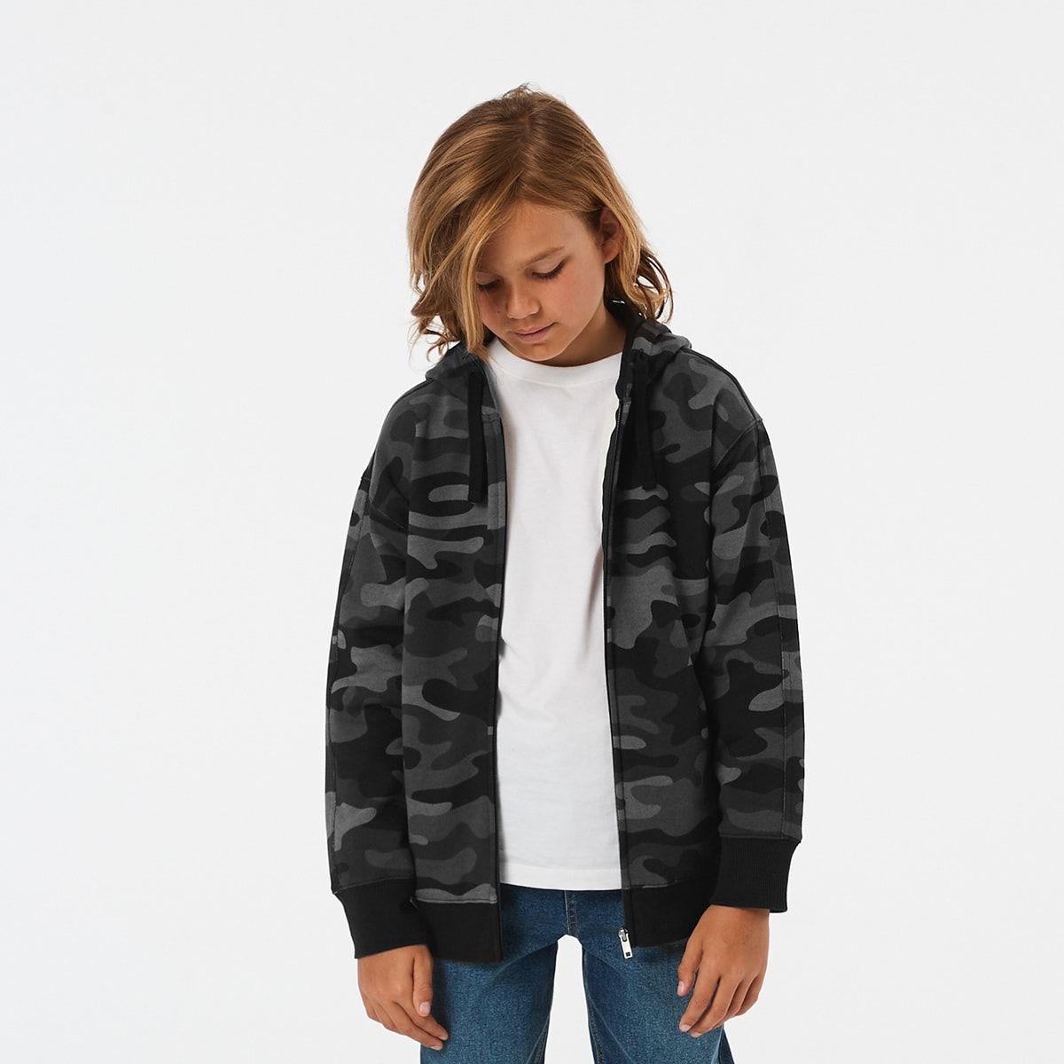 Heavy Fleece Camo Zip Through Hoodie