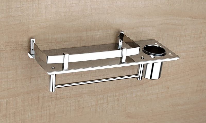Unik Stainless Steel 3 in 1 Bathroom Shelf with Tumbler Holder with Toothbrush Stand, Wall Mounted Bathroom Tooth Brush Tumbler Stand with Towel Hanger, Bath Shelf Organizer & Rack Silver Towel Holder  (Stainless Steel)