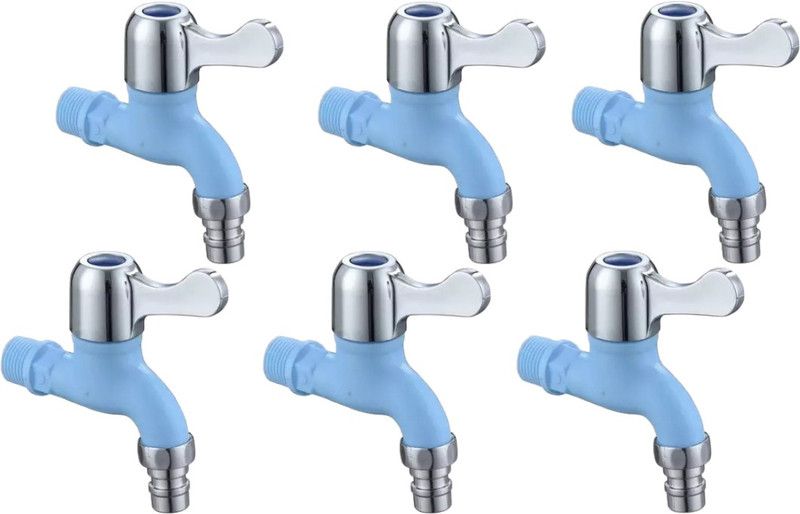 Redcroc Penguin Series Sky Blue Colour Heavy PVC Bib Cock Tap With Wall Flange (Pack Of 6) Chrome Plated Bib Tap Bib Tap Faucet  (Wall Mount Installation Type)