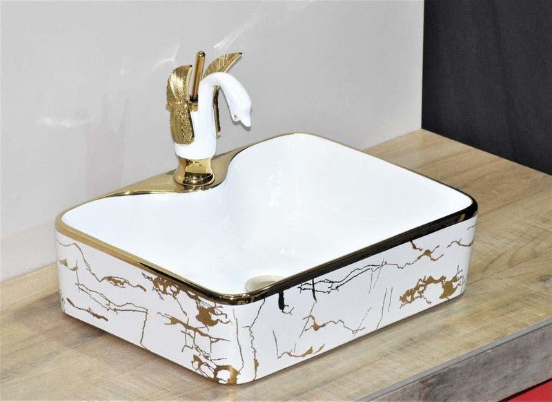InArt Dsignr Cramic Wash Basin/Vssl Sink/Ovr or Abov Countr Top Wash Basin for Bathroom Rctangl Shap Gold Whit (Only Wash Basin) Table Top Basin  (White & Gold)