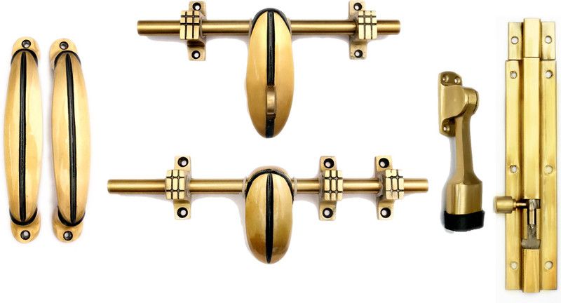 Shining LE ONE LINE 2001 LABS 10 inches Aluminum Single & Double Door Fittings Set Hardware Accessories Kit, Brass Antique Finish 1 Big AL drop 10'',1 Small AL drop 8'',2 Handles 7'',1 Latch 6 '',1 Stopper 6'' Door Mounted Door Stopper  (Gold)