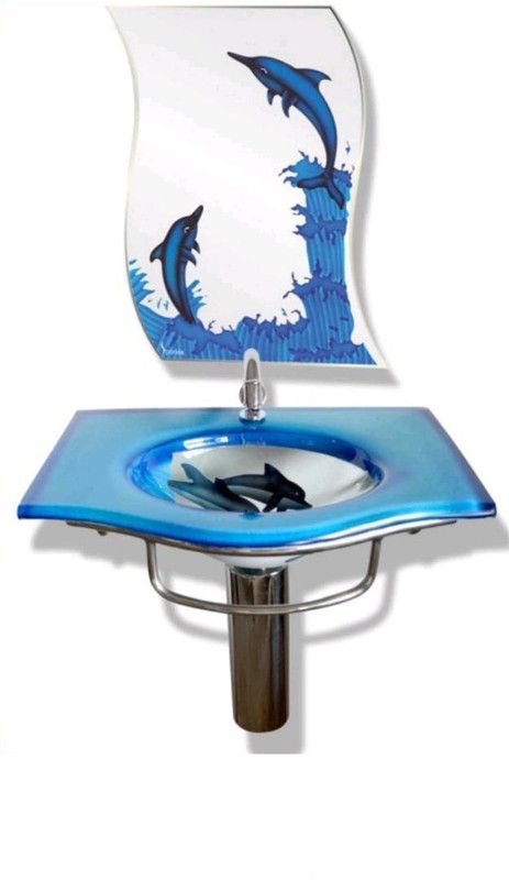 Arvind sanitary Designer Dolphin fish Blue color Glass basin Long Lasting and Durable with mirror Steel stand. Designer Dolphin fish Blue color Glass basin Long Lasting and Durable with mirror Steel stand Corner Basin  (Blue)