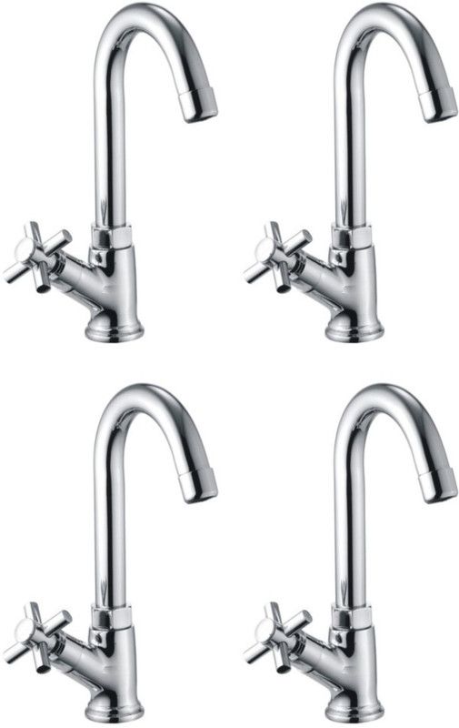 DRIZZLE Corsa Swan Neck Pillar Cock Brass Chrome Plated - Wash Basin Tap - 360 Degree Moving Spout Tap - Bathroom Tap - Quarter Turn Tap - Water Foam Flow Tap - Set of 4 Faucet Set
