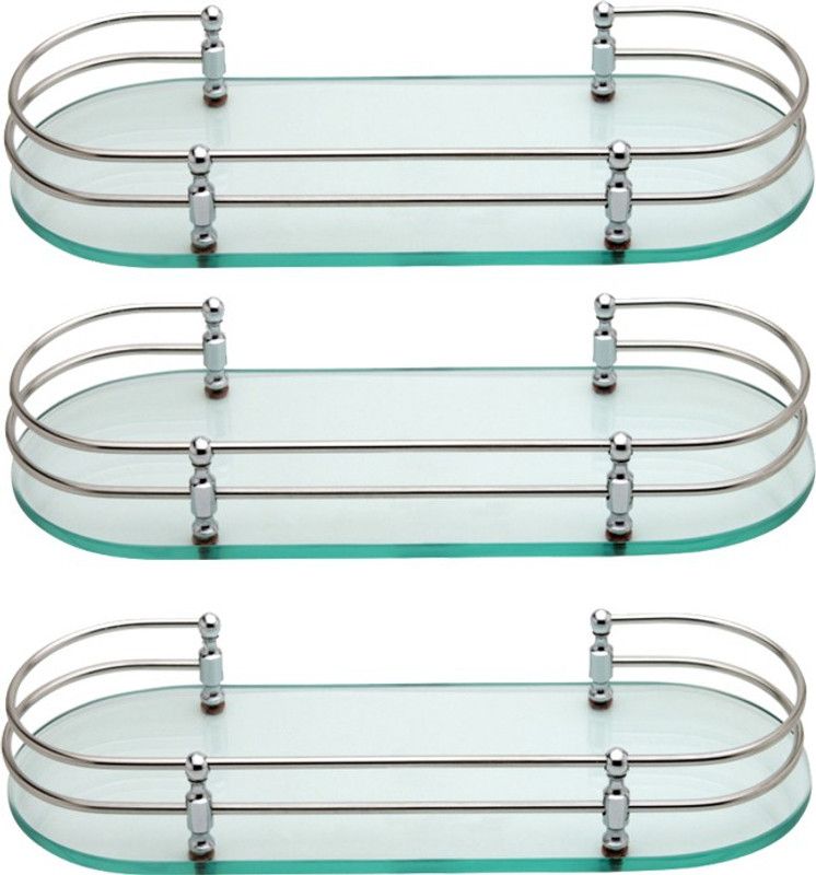 Joyo Cera Front Glass Shelf - Bathroom Clear Front Glass Shelves (Chrome Finish) and Barss Bracket (21x6) (3 Pieces) Glass Wall Shelf  (Number of Shelves - 1, Clear)