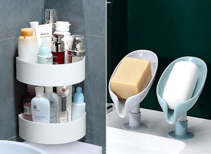 Wall Shelves (2 Pc with 2 Soap Cases) Round Corner Kitchen Bathroom Shelf Self-Adhesive Sticker Hooks Multipurpose Wall Holder Bathroom Storage Rack Box Strong Shower Rack Shelf Plastic Wall Shelf  (Number of Shelves - 4, White)