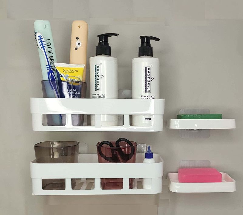 Multipurpose Wall Mount Bathroom Corner Shelf and Rack for Home and Kitchen. Super Adhesive Sticker Support Without Drilling (2 Bathroom Shelf and 2 Soap Dish) Plastic Wall Shelf  (Number of Shelves - 4, White)