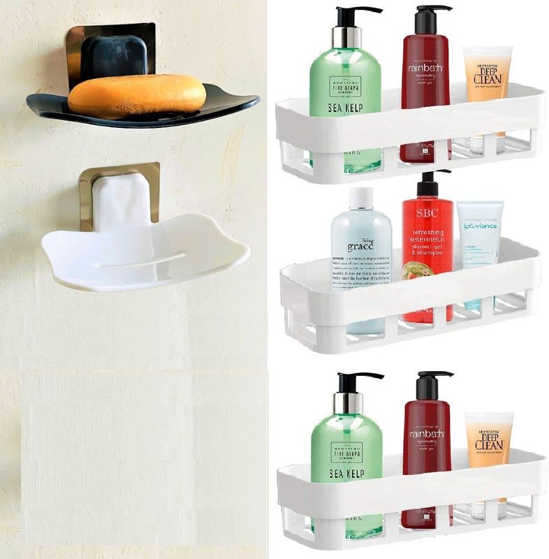 Qrex Plastic Home Kitchen Usefull Wall Shelves And Curve Soap Dish With Sticker Plastic Wall Shelf  (Number of Shelves - 5, Multicolor)