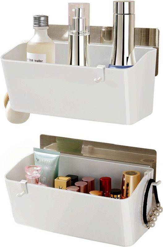ELITEHOME Self Adhesive Wall Mounted Self Drainage Bathroom Organizer/Tray Set of 2 Plastic Wall Shelf  (Number of Shelves - 1, White)