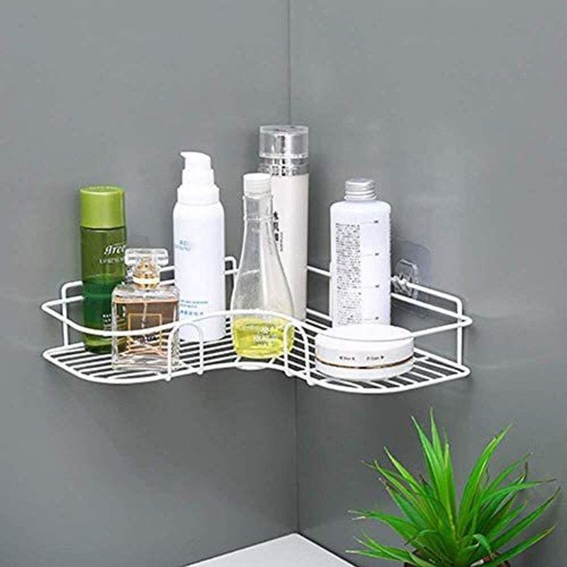 WOKLEEN 1 Pc Multipurpose Kitchen Bathroom Metal Shelf Shower Caddy Wall Holder Storage Steel Wall Shelf  (Number of Shelves - 1, White)