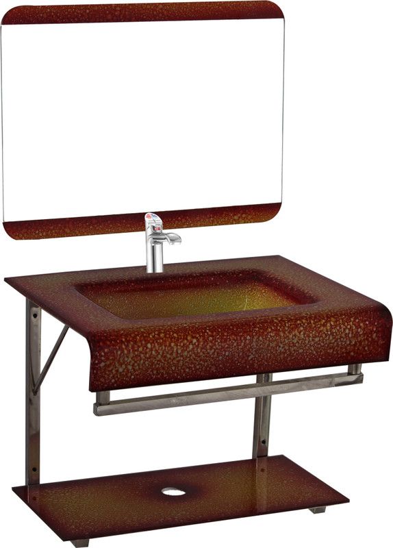 Vision glass Oath Vision Glass Wash Basin With Mirror, Self & Steel Stand Wall Hung Basin  (Red Yellow)