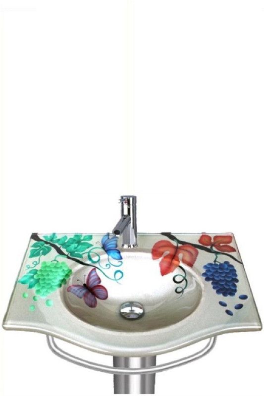 Arvind sanitary 005 Designer White Color Glass basin Long Lasting and Durable with mirror Steel stand. Wall Hung Basin  (White)