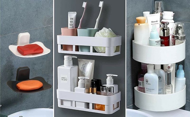 ALUCINANTE 2 Wall Shelves, 2 Soap Stand, 2 Corner Shelf For Home, Kitchen And Bathroom Plastic Wall Shelf  (Number of Shelves - 6, Multicolor)