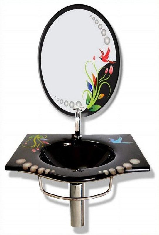 ARANAUT (020) Glass Wash Basin Black Full Set with Mirror Steel Stand .Size 12x18 Inch Wall Hung Basin  (Black)