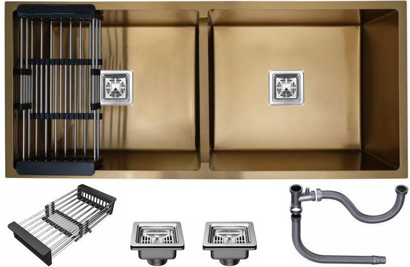chirag Kitchen Sink 45x20x10 Double Bowl, 45 Inch, SS304, 16-Gauge Stainless Steel Sink CSS4520G| PREMIUM QUALITY | GOLD FINISH | FRUIT BASKET (STEEL PIPE) | PVC PIPE | Vessel Sink  (GOLD)