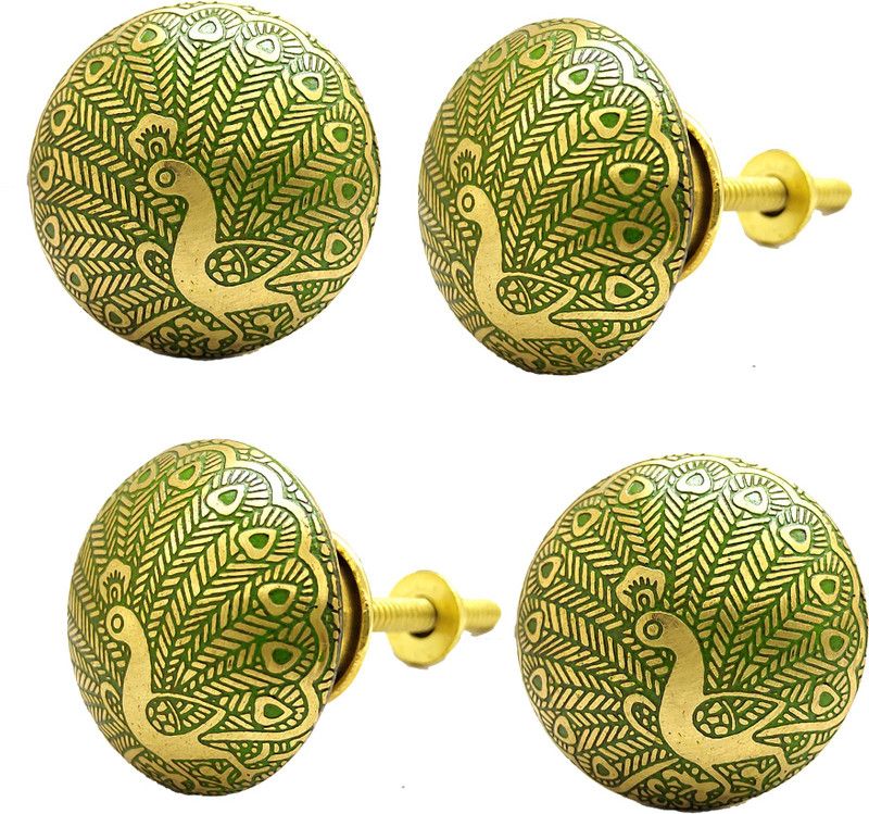 BUCKLER Peacock Green-Handcrafted Matte Finish Cabinet/Drawer Knobs Brass Cabinet/Drawer Handle  (Gold, Green Pack of 4)