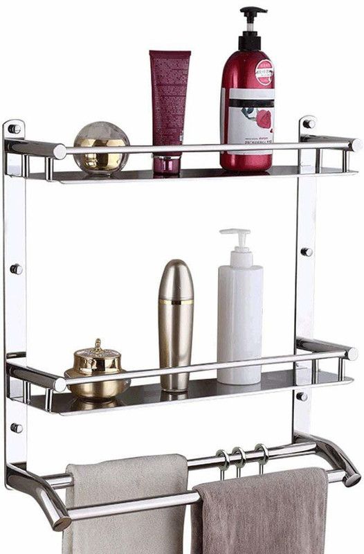 Pillu High Grade Stainless Steel Multipurpose Double Layer Bathroom Shelf/Kitchen Shelf/Towel Rack for Bathroom/Towel Holder/Bathroom Accessories 15 inch 3 Bar Towel Rod  (Stainless Steel Pack of 1)