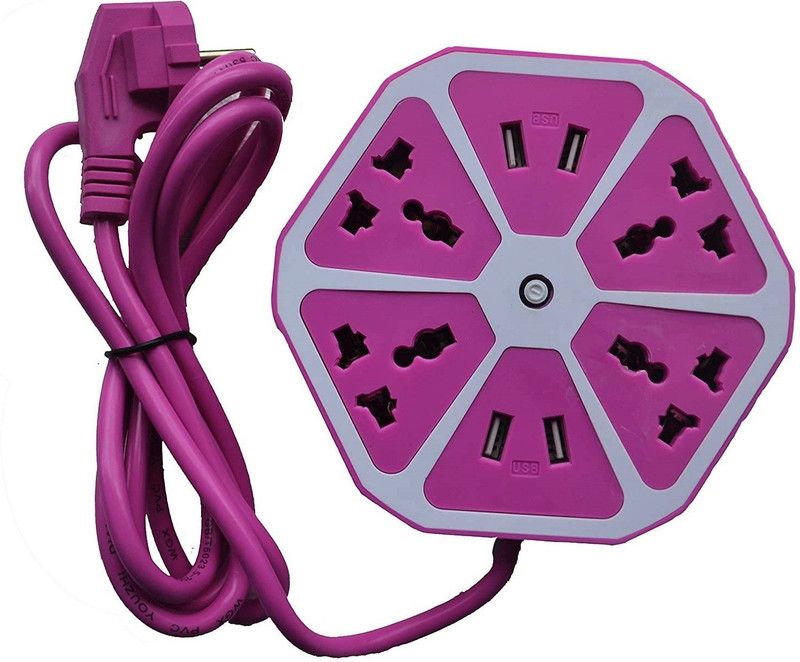 Zeom ®Hexagon Extension Cord With 4 USB Port & 4 Socket With 3 Meter Wire (Purple) 4 Socket Extension Boards  (Purple, 3 m, With USB Port)