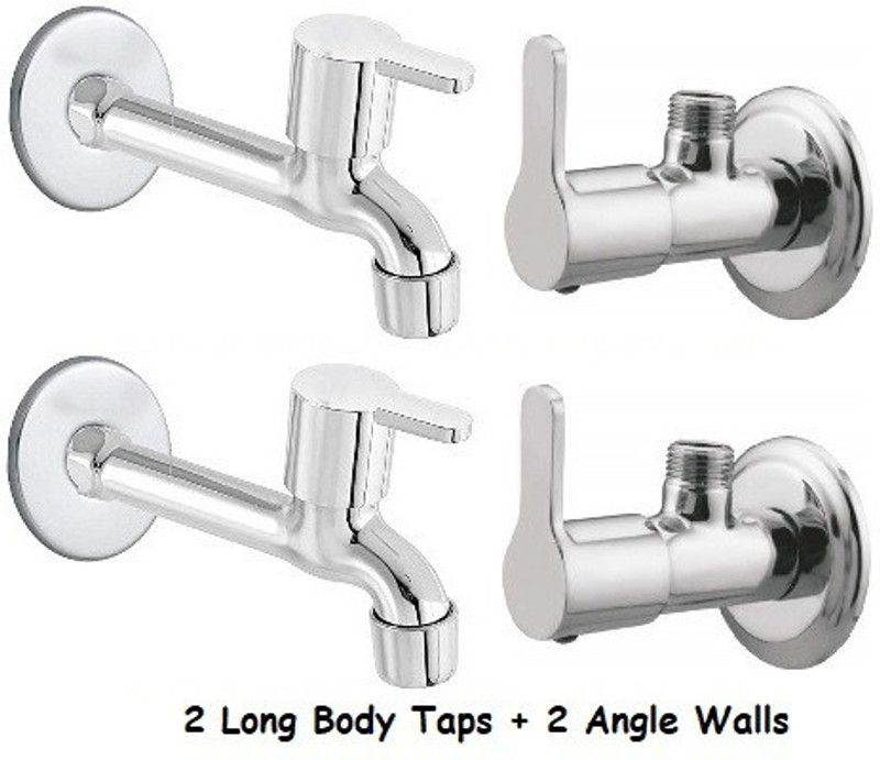 Senkiddpro by Senkiddpro Stainless Steel Long Body&Angle Tab with Wall Flange for Bathroom(Chrome Finish) (2 Long Body Taps and 2 Angle Wall) Suitable for Home, Office, Hotels Bib Tap Faucet  (Wall Mount Installation Type)