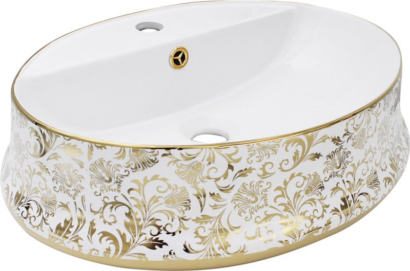 InArt Ceramic Premium Designer Table Top/Over Counter/Vessel Sink Wash Basin for Bathroom 22 x 17.5 x 6 Inch Oval Shape in Golden Color Floral Pattern Table Top Basin  (Gold, White)