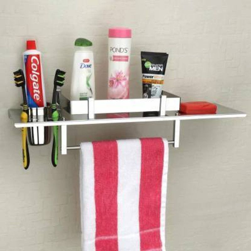 Filox Stainless Steel 4 in 1 Multipurpose Bathroom Shelf/Towel Hanger/Tumbler Holder/Soap Dish/Bathroom Accessories(18 x 5 Inches)- Pack of 1 Stainless Steel Wall Shelf (Number of Shelves - 1, Silver) silver Towel Holder  (Steel)