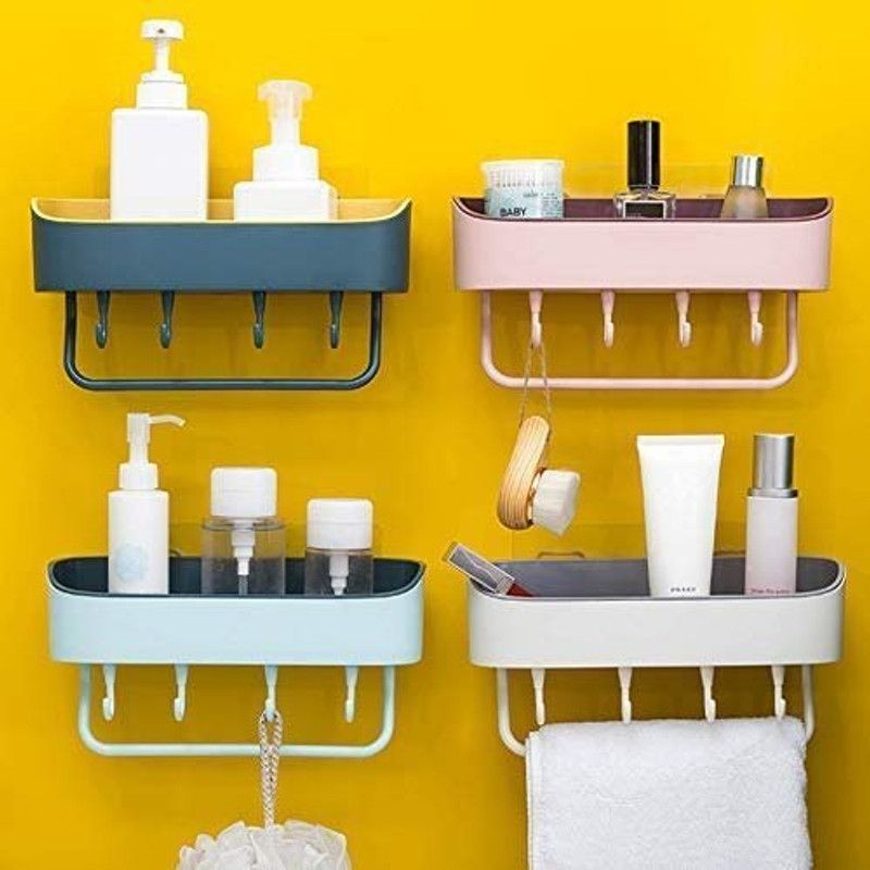 PRL TRADERS Multipurpose Plastic Kitchen Bathroom Shelf Wall Holder Storage Rack , Bathroom Rack Storage Box Strong Magic Sticker Shower Rack Shelf with 4 Hook Plastic Wall Shelf Plastic Wall Shelf  (Number of Shelves - 1, Multicolor)
