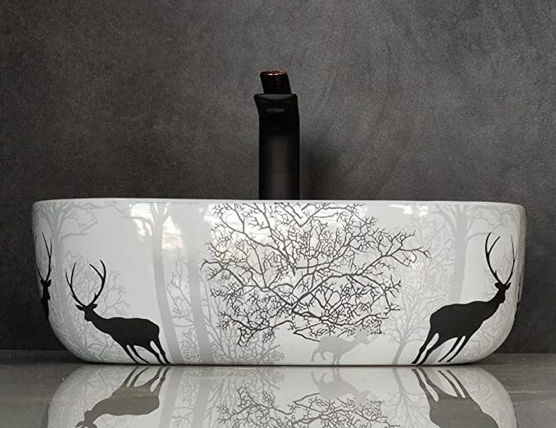 Pingex Back Deer Designer Ceramic Table Top Finish Slim Rim Wash Basin/Vessel Sink Table Top Basin  (White, Black)