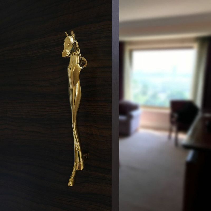 Harold Horse Shape Main Door Handle Brass Antique Finish (Gold) Brass Door Handle  (Gold Pack of 1)