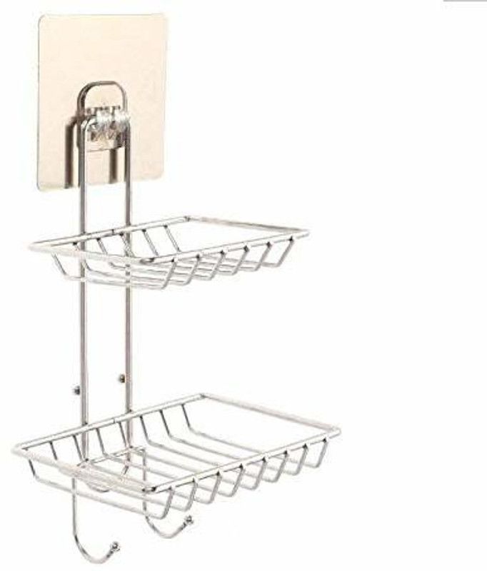 varahry Wall Mounting Double Layer Soap Dish Holder & Dispenser, Self Adhesive Stainless Steel Waterproof Kitchen Bathroom Soap Storage Rack with Hook for Home Stainless Steel Wall Shelf  (Number of Shelves - 2, Steel)
