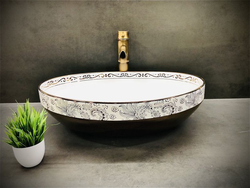 DELTA Premium Imported Designer Ceramic Wash Basin Matt Finish(Gold Flowers) (19.5x14x5)(Rose Gold Design) Table Top Basin  (White, Gold)