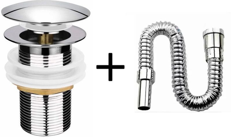 VRO Silver Waste Popup Coupling with Chrome Plated Flexible Waste Pipe Faucet Set