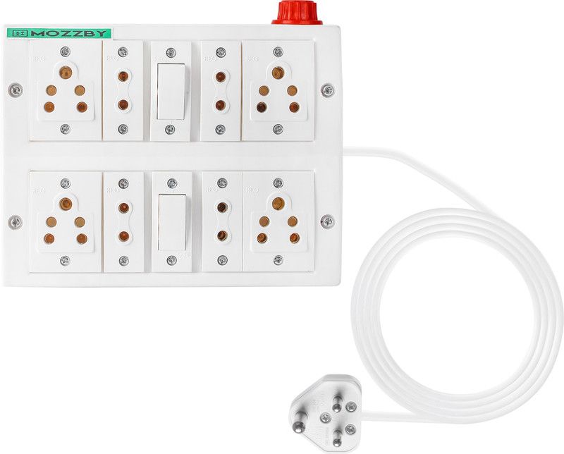 MOZZBY Extension Board with Long Wire 3 Meter and 4 Socket of 2 pin (6 Amp) and 4 Socket of 5 pin (6 Amp), 2 Switch (6 Amp) with power indicator 6 Amp Surge Protector, White 8 Socket Extension Boards  (White, 3 m)