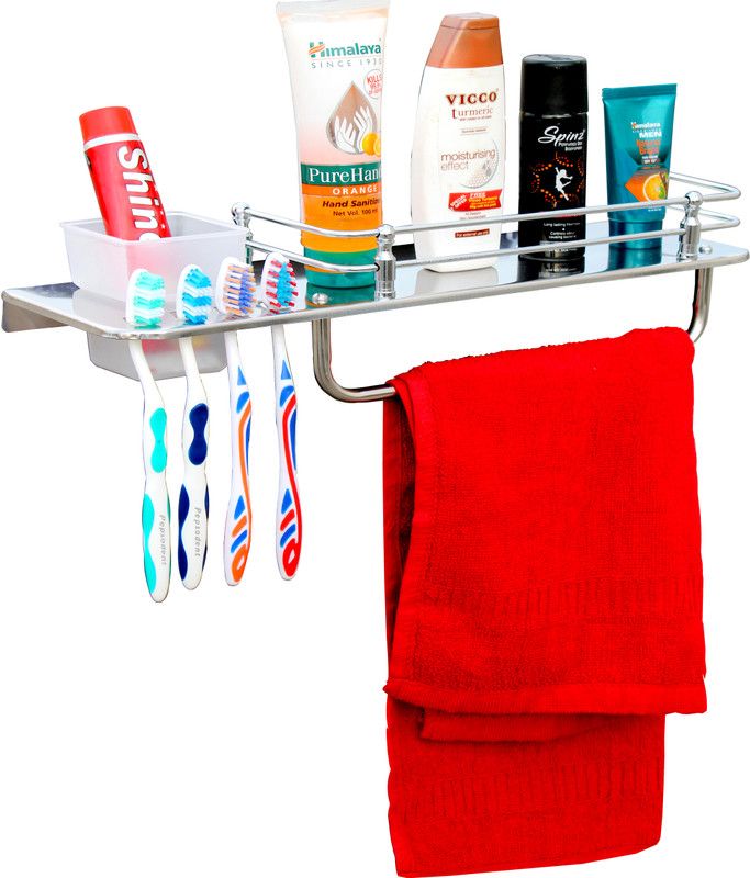HEXA GOLD Bathroom Shelf 3 in 1 Shelf/Tumbler /Toothbrush /Soap Holder Wall Shelf Stainless Steel Wall Shelf  (Number of Shelves - 1, Silver)