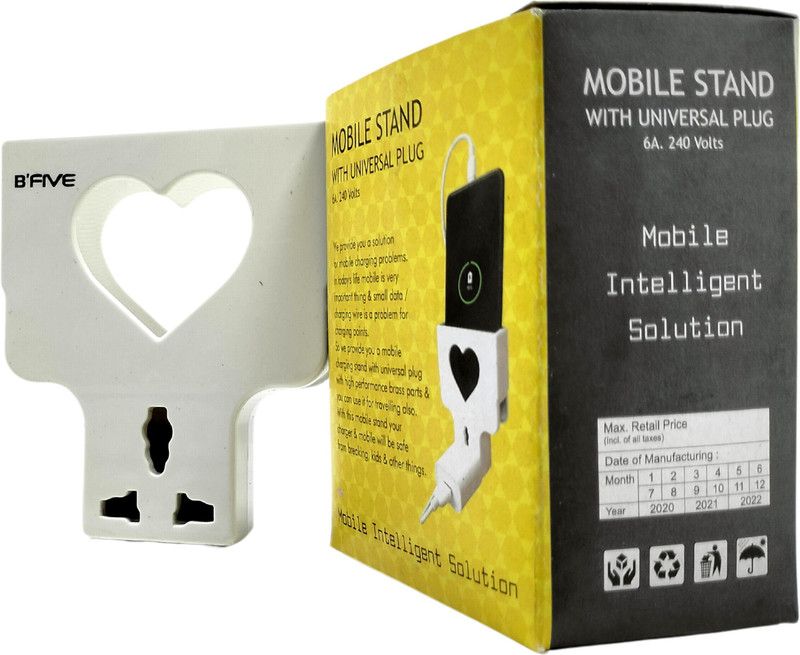 b'five Mobile Holder With Universal Three Pin Socket Plug Holder Stand Direct Plugin_14 3pin plug Holder for Mobile and Powerbank Just Fix Socket and stand Your Device Three Pin Plug  (White)