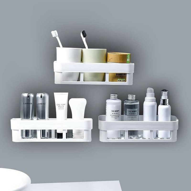 Plastic Home Kitchen Bathroom Accessories Rack Shelf with Strong Adhesive Magic Sticker ( 3 Bathroom Rack ) Plastic Wall Shelf  (Number of Shelves - 3, White)