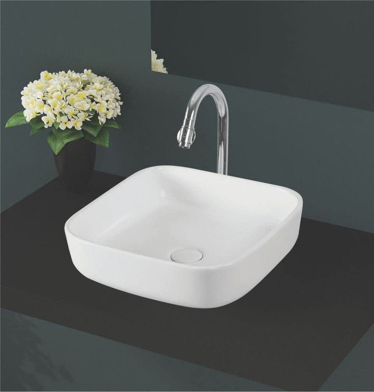 aerica ceramica Basin Table Top Counter Top Ceramic Basin for Kitchen Bathroom Square Sink White AC_Polo Table Top Basin  (White)