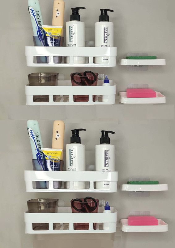 QXORE Plastic Bathroom Accessories Rack Shelf (4 Bathroom Rack + 4 Soap Box) Plastic Wall Shelf  (Number of Shelves - 8, White)