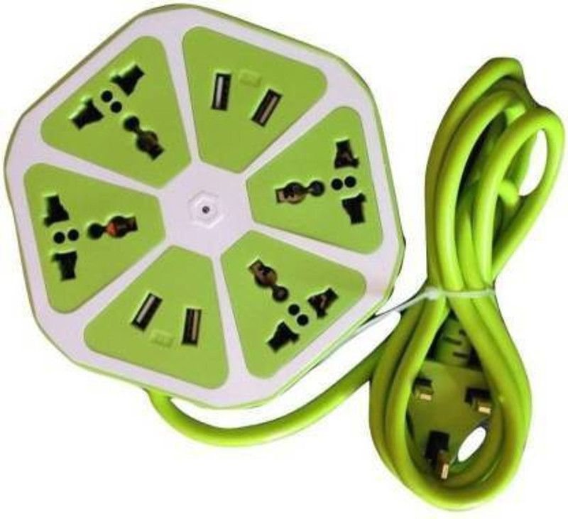 ATARC Multipurpose Hexagon Socket Extension Board with 4 USB Socket 3.1Amp Charging Point Surge Protector GNR3 4 Socket Extension Boards  (Green, 2 m, With USB Port)