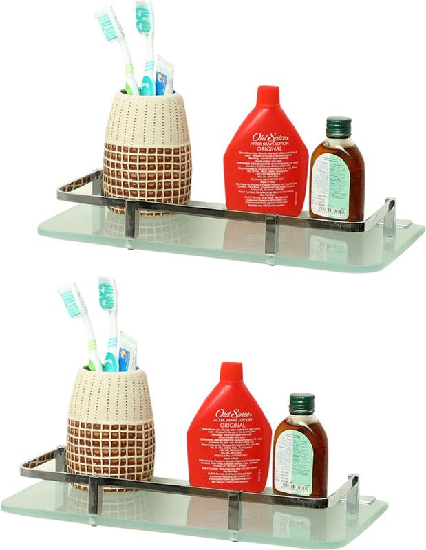 Joyo Cera Front Glass Shelf - Bathroom Frosted Front Glass Shelves 12x6 inches (2 Pieces) And Barss Bracket Glass Wall Shelf  (Number of Shelves - 1, Clear)