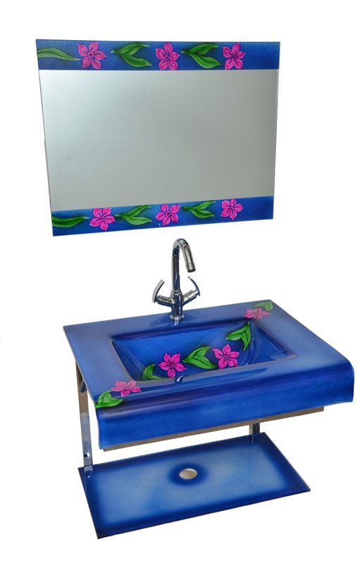 Vision glass Oath Vision Glass Wash Basin 3 Wash Basin With Mirror, Self & Steel Stan Wall Hung Basin  (Blue Leaf Flower)