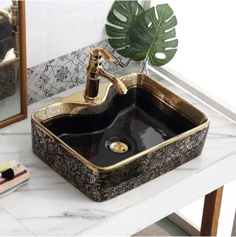BasinWorld BLACK & GOLD LATEST BEAUTIFUL CERAMIC ART OF BASIN Table Top Basin  (MULTI)