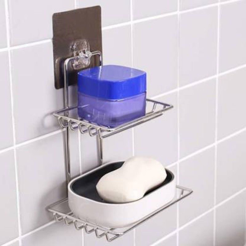 Veki Wall Mounted Double Layer soap Dish Holder Stainless Steel Wall Hanging Soap Storage Rack for Kitchen Bathroom-with Self Adhesive Magic Sticker (Silver) Price: Not Available Stainless Steel Wall Shelf  (Number of Shelves - 1, Steel)